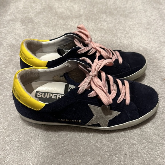 Golden Goose Superstars in Navy with Pink Laces and Yellow Heel - Picture 3 of 5